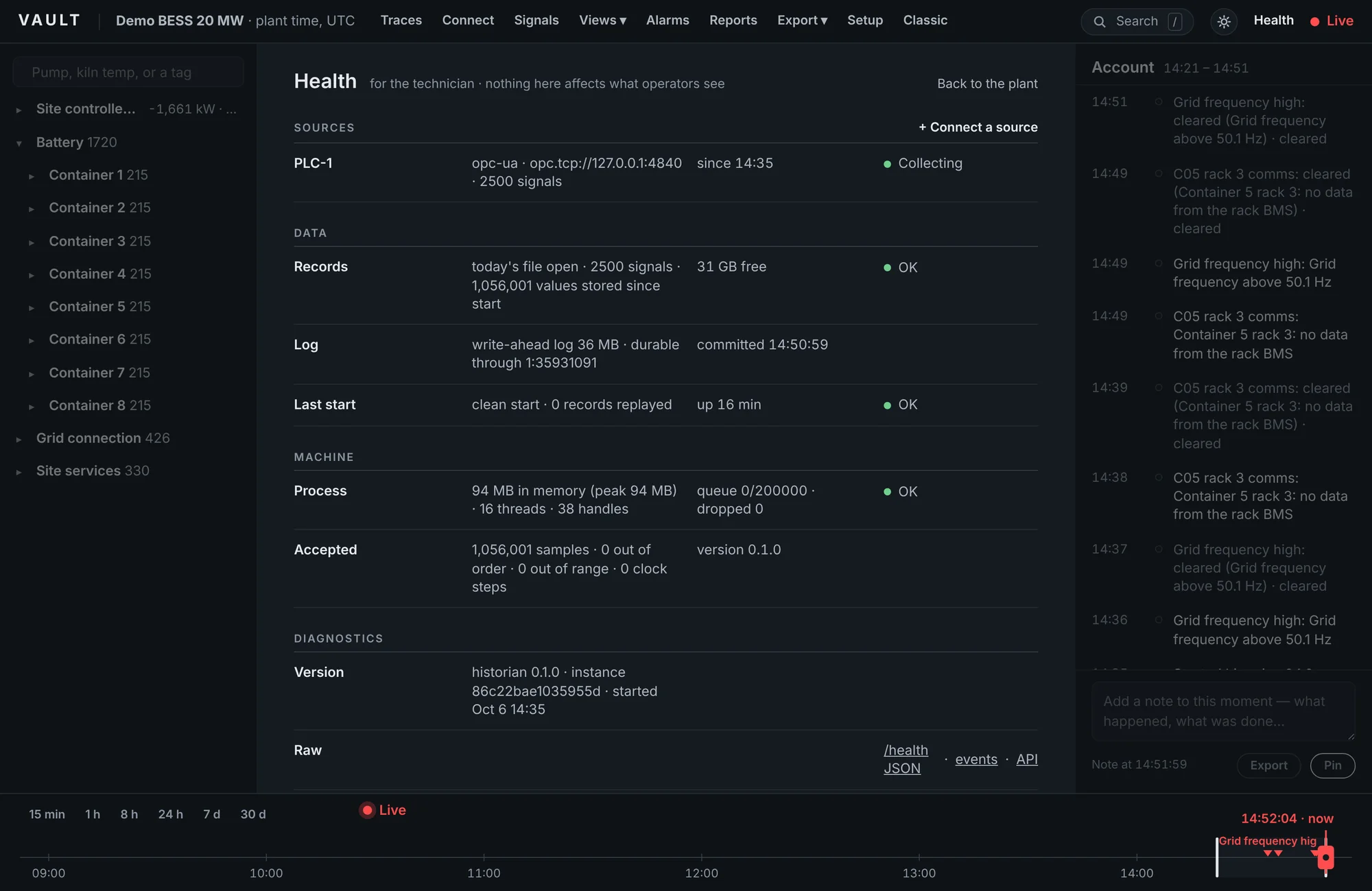 Vault's Health sheet showing the collector, data rate, disk, the write-ahead log and the licence.